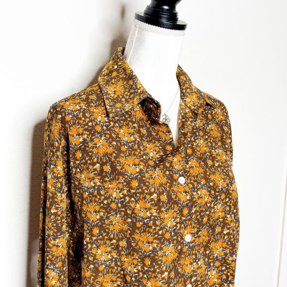 Cider Women's Button-Up Floral Blouse in Brown & Yellow Retro Daisy Print Size S - Picture 2 of 6
